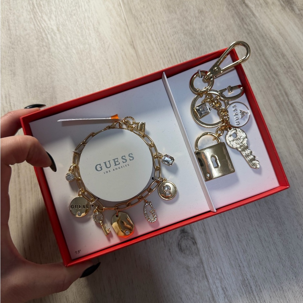 Guess Gold Charm Bracelet and Key Holder Set